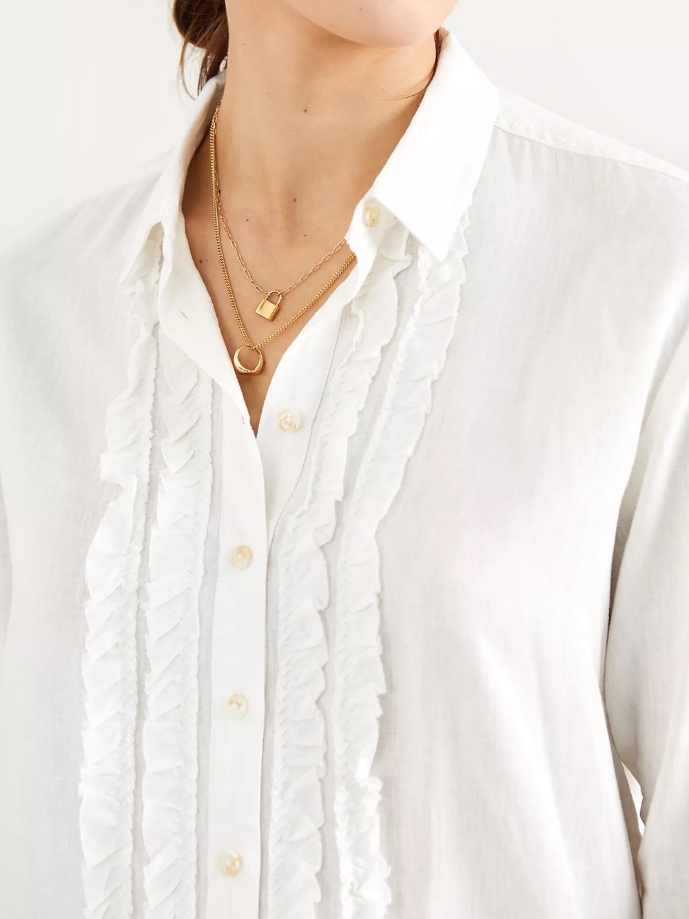 Pilcro White Ruffle-Trim Button Down Shirt